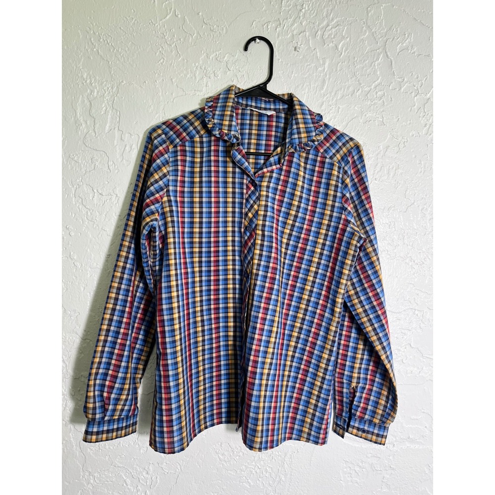 Vintage Sears Plaid Ruffle Collar Blouse Cottagecore Prairie Shirt Large
